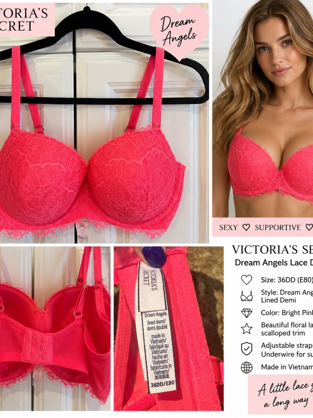 Victoria's Secret Dream Angels Lace Demi Bra - Bright Pink